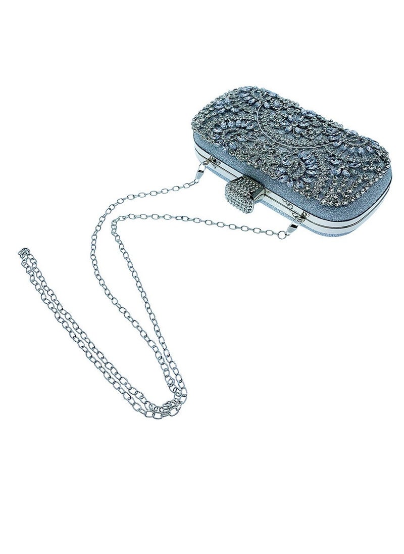Womens Shiny Rhinestones Decoration Clutch Purses Evening Crossbody Bag Chain Handbag for Wedding Cocktail Party Prom Silver
