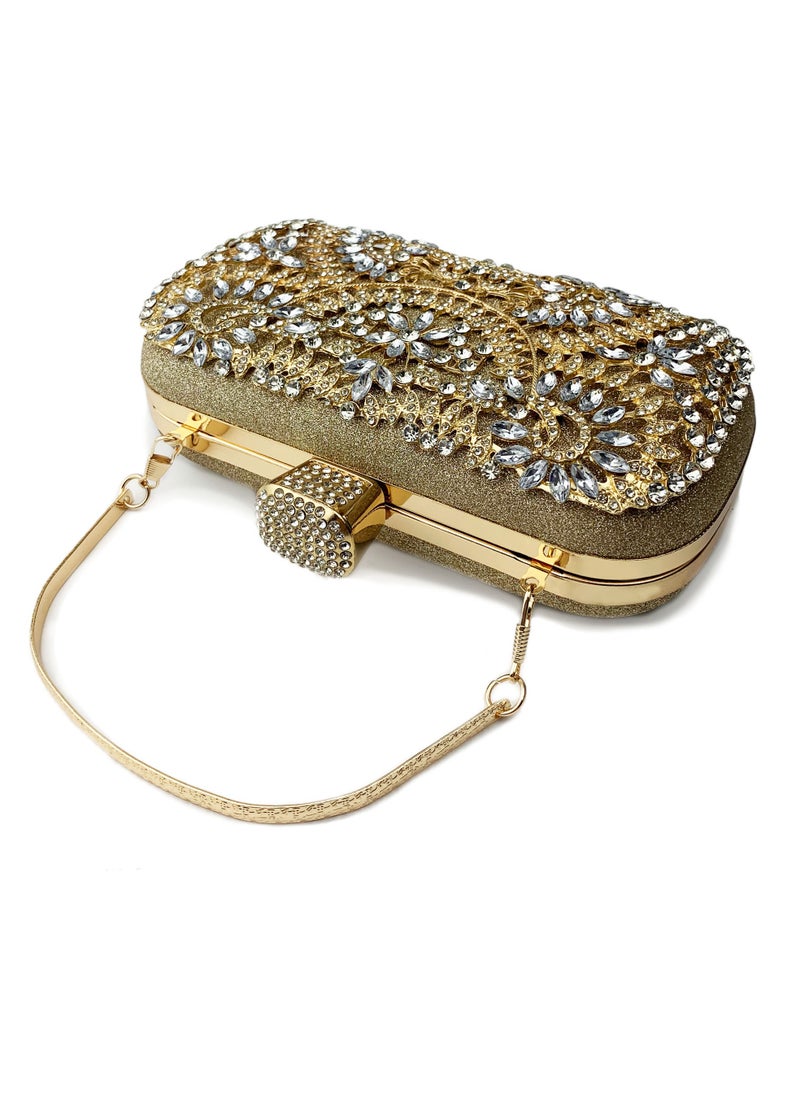 Womens Shiny Rhinestones Decoration Clutch Purses Evening Crossbody Bag Chain Handbag for Wedding Cocktail Party Prom Gold