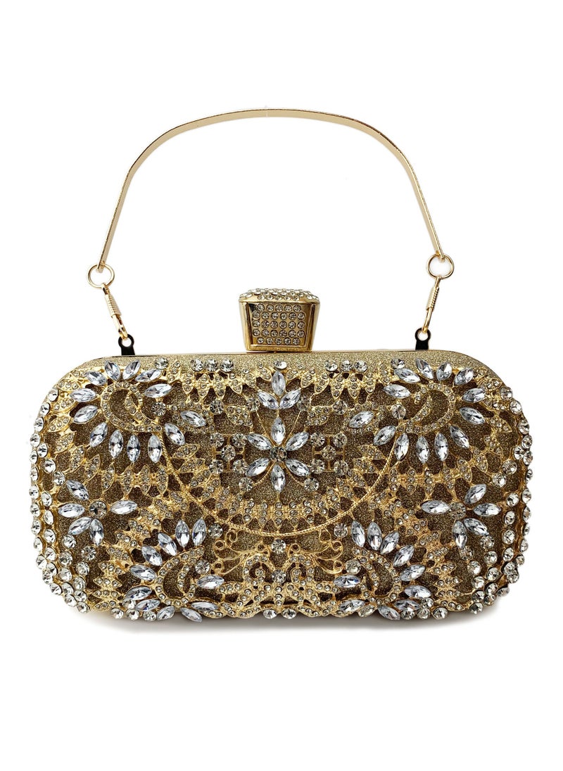 Womens Shiny Rhinestones Decoration Clutch Purses Evening Crossbody Bag Chain Handbag for Wedding Cocktail Party Prom Gold