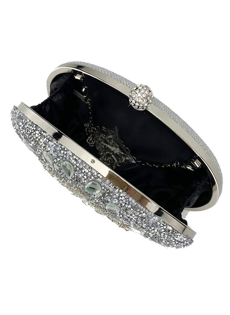 Womens Shiny Rhinestones Decoration Oval Clutch Purses Evening Crossbody Bag Chain Handbag for Wedding Cocktail Party Prom Silver