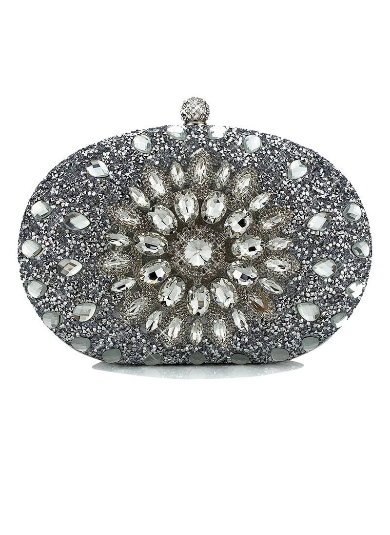 Womens Shiny Rhinestones Decoration Oval Clutch Purses Evening Crossbody Bag Chain Handbag for Wedding Cocktail Party Prom Silver