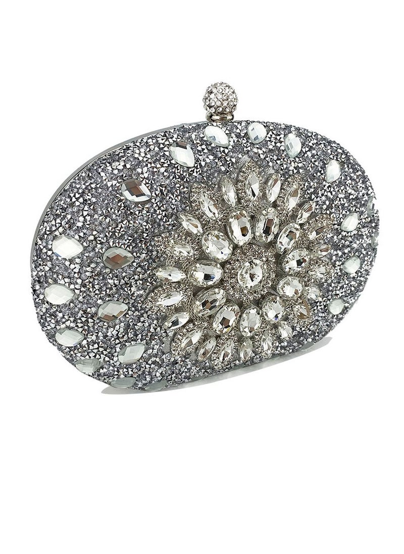 Womens Shiny Rhinestones Decoration Oval Clutch Purses Evening Crossbody Bag Chain Handbag for Wedding Cocktail Party Prom Silver