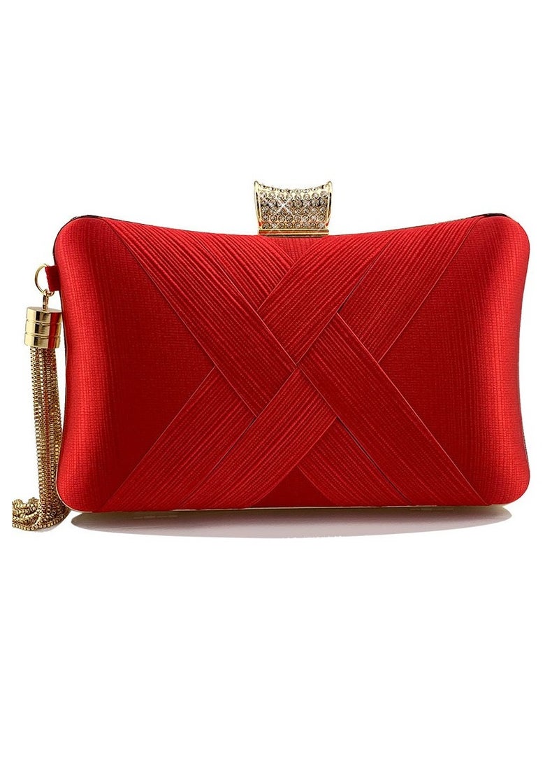 Womens tassel Decoration Clutch Purses Evening Crossbody Bag Chain Handbag for Wedding Cocktail Party Prom Red