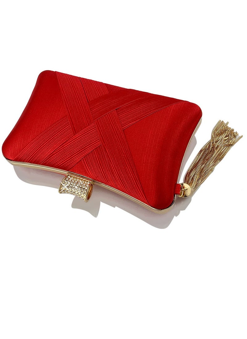 Womens tassel Decoration Clutch Purses Evening Crossbody Bag Chain Handbag for Wedding Cocktail Party Prom Red