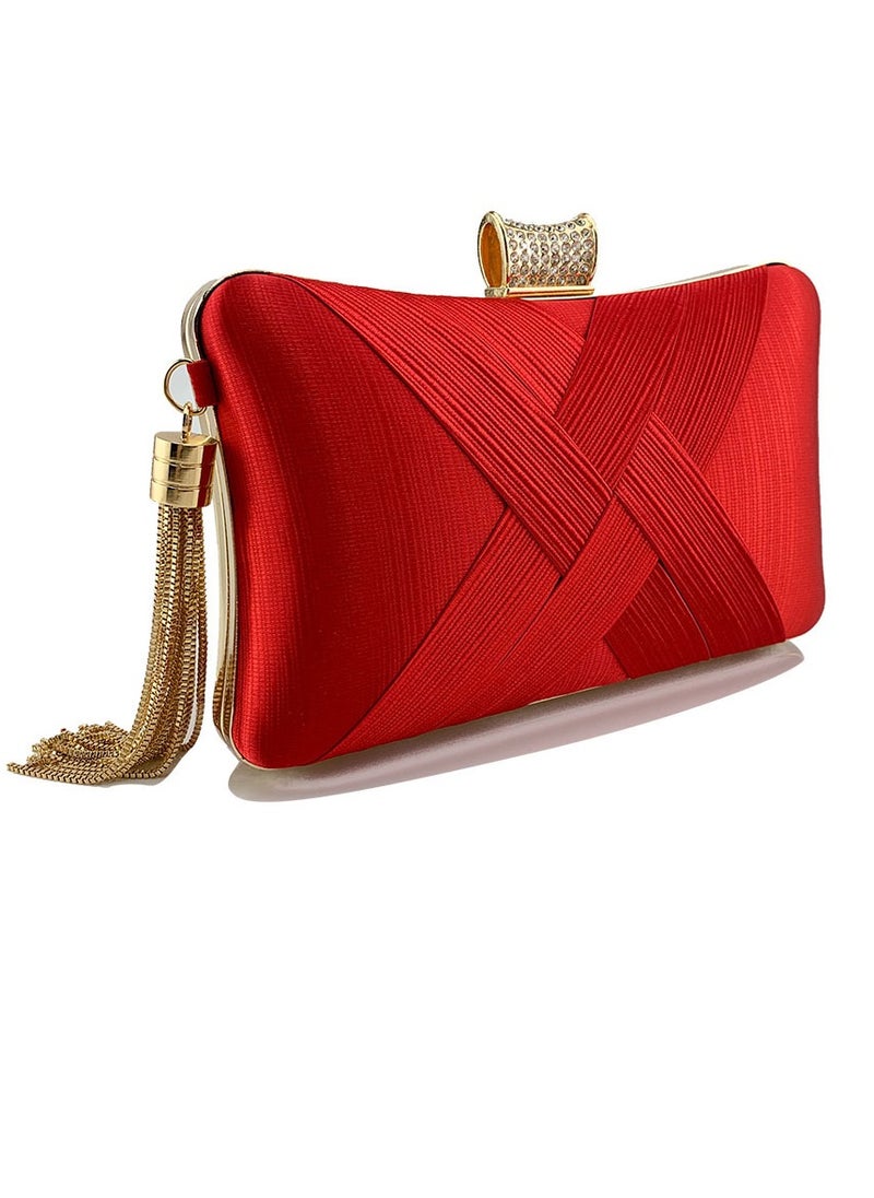 Womens tassel Decoration Clutch Purses Evening Crossbody Bag Chain Handbag for Wedding Cocktail Party Prom Red