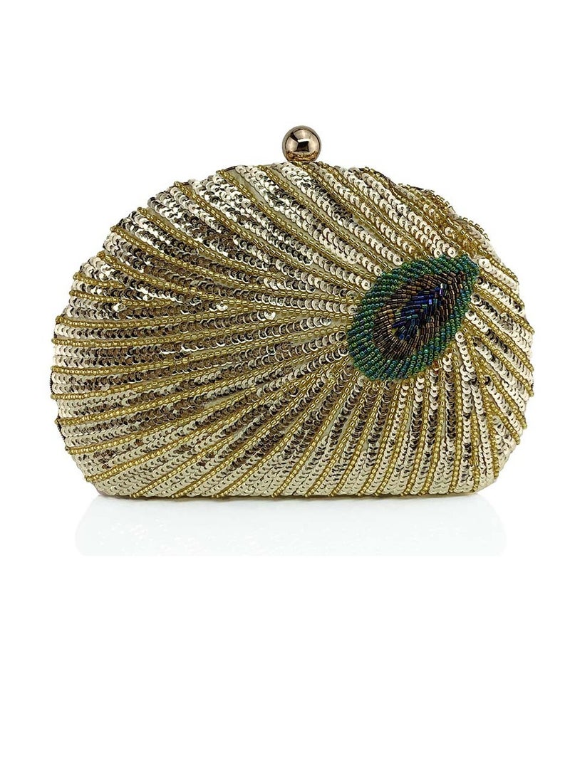 Womens Sequin Nail Bead Peacock Pattern Clutch Purses Evening Crossbody Bag Chain Handbag for Wedding Cocktail Party Prom Gold