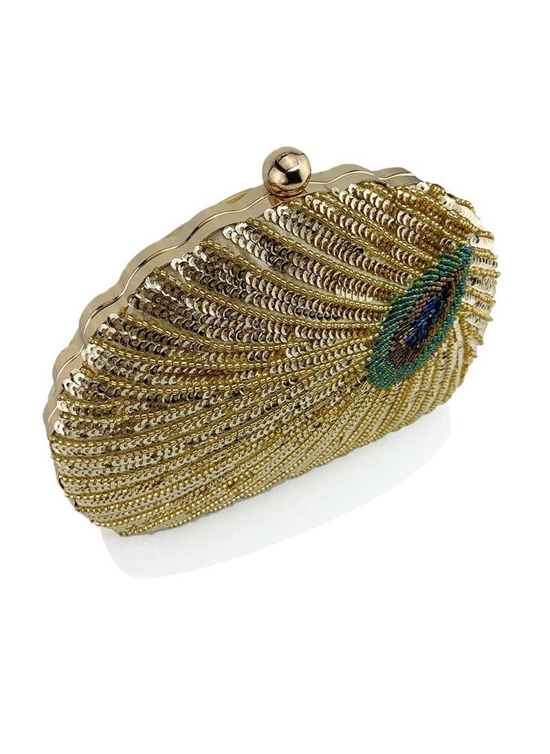 Womens Sequin Nail Bead Peacock Pattern Clutch Purses Evening Crossbody Bag Chain Handbag for Wedding Cocktail Party Prom Gold