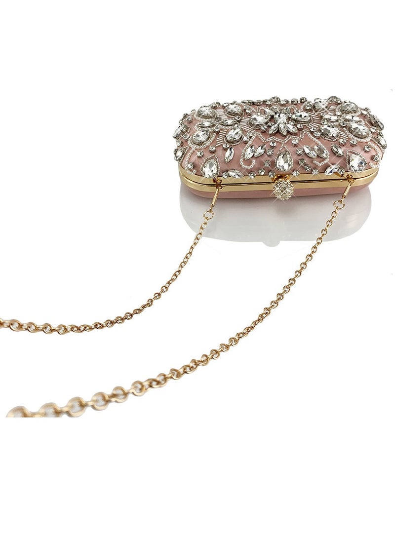 Womens Rhinestones Decoration Clutch Purses Evening Crossbody Bag Chain Handbag for Wedding Cocktail Party Prom Pink