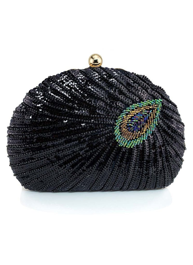 Womens Sequin Nail Bead Peacock Pattern Clutch Purses Evening Crossbody Bag Chain Handbag for Wedding Cocktail Party Prom Black