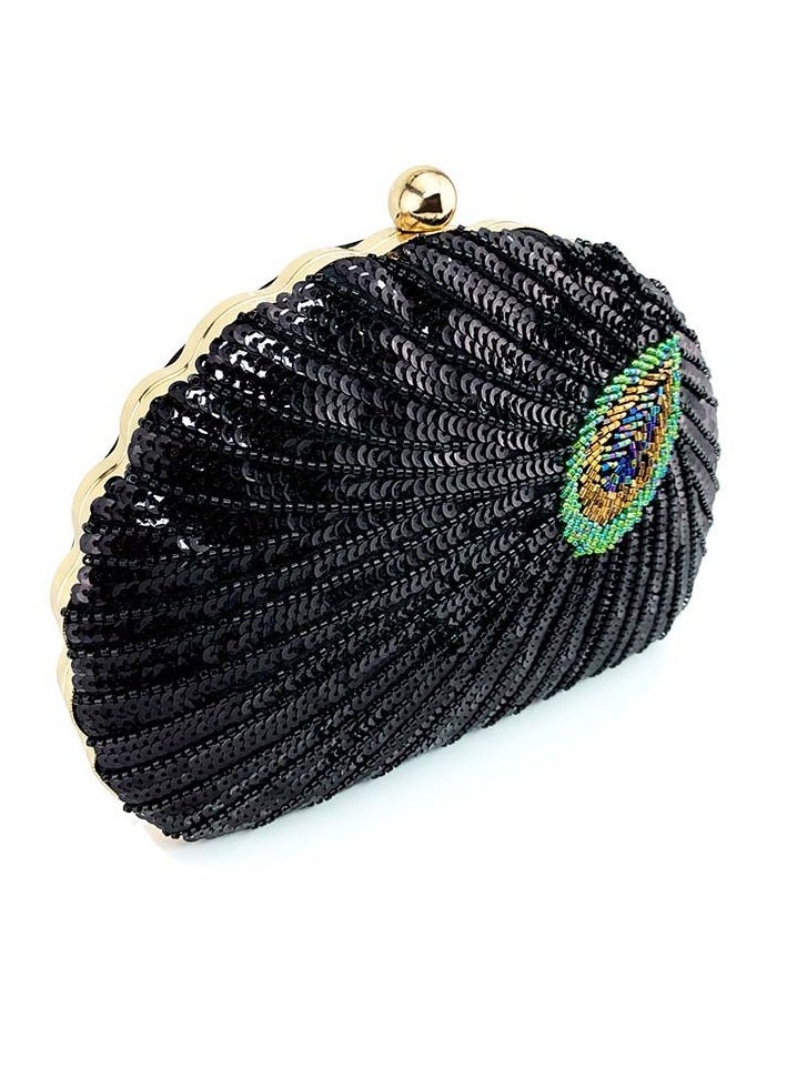 Womens Sequin Nail Bead Peacock Pattern Clutch Purses Evening Crossbody Bag Chain Handbag for Wedding Cocktail Party Prom Black