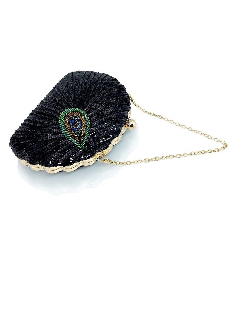 Womens Sequin Nail Bead Peacock Pattern Clutch Purses Evening Crossbody Bag Chain Handbag for Wedding Cocktail Party Prom Black