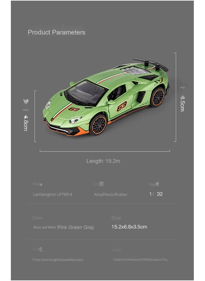 1:32 Lamborghinis LP780 SVJ Diecasts Toy Vehicles Car Model Alloy Boys Toy Car Simulation Sound Light Collectibles Kids Toy Gift