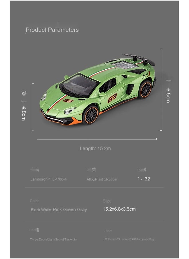 1:32 Lamborghinis LP780 SVJ Diecasts Toy Vehicles Car Model Alloy Boys Toy Car Simulation Sound Light Collectibles Kids Toy Gift