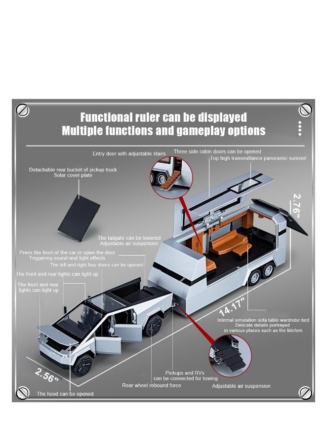 1/32 Pickup Trailer RV Model Kit, Off-Road Vehicle Alloy, Car Model Diecast Metal Toy, Truck Model Simulation Sound Light, Toddler Kids Birthday Gifts Home Office Décor. (with RV Silver)