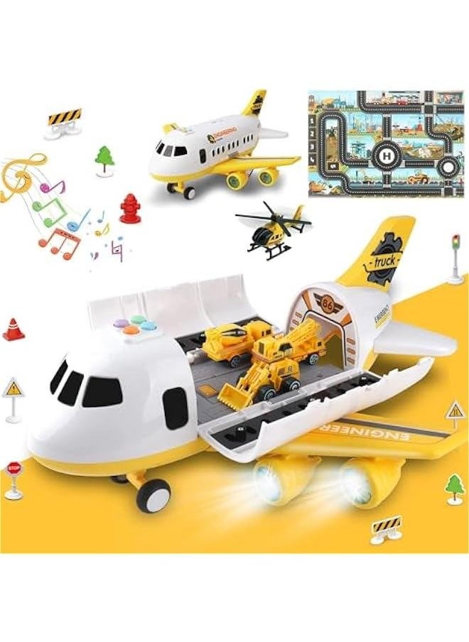Construction Toy Airplane Set/Play Mat,Excavator,Bulldozer,Mixer,Dumper Truck,Forklift,Crane,Alloy Metal Car Toys for 3 4 5 6 Years Old Toddlers Kids Boys & Girls(Large)