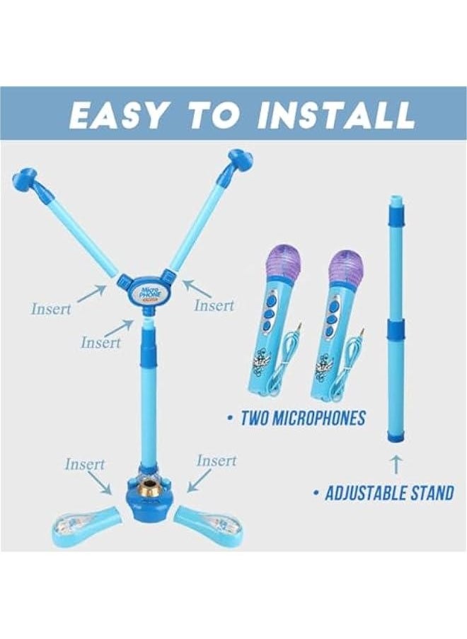 Kids Karaoke Machine with Stand,Kids Microphone Flashing Stage Lights Adjustable Stand Gift for Age 3+ Years Old Children (Blue Double)