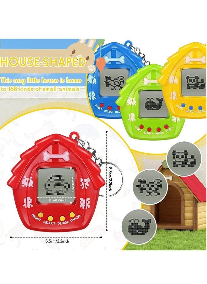 4 Pieces Pet Keychain Electronic Pets Nostalgic Virtual Nano Digital Keyring Retro Handheld Game Machine for Boys Girls Adults, 2.2 x Inch 168 Pets, Red Blue Yellow Green