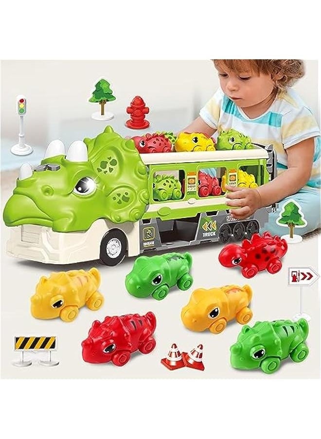 Dinosaur Hauler Truck with Ejection Race Track,1 Toy Triceratops Dinosaur Transport Carrier Truck with 6 Dinosaur Car Vehicles,Car Toys Playset with Lights Sounds,Kids Gifts