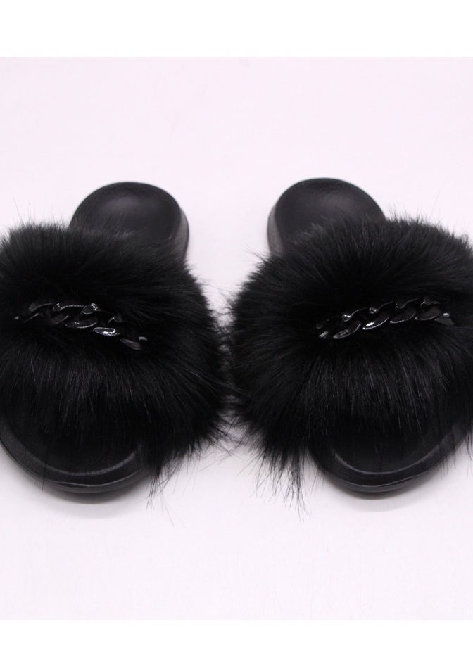 Stylish Women Faux Fur Open Toe Flat Color Chain Slippers