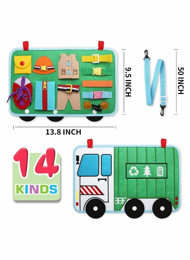 Toddler Busy Board 14 in 1 Activity Board, Montessori Sensory Toy for Fine Motor Skills, Learning Toy for Airplane or Car Travel, Preschool Educational Gift for Kids, Garbage Car Style