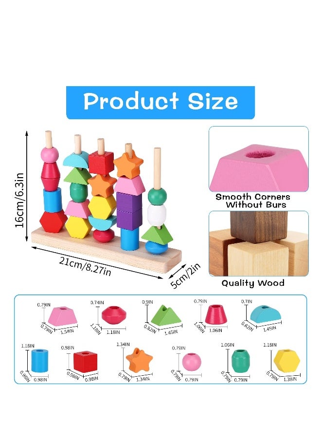 Montessori Lacing Bead Sequencing Toy Set, Fine Motor Skills Toys for Toddlers, Wooden Beads Stacking Blocks Matching Shape Colors Counting Block, Learning Resources Toys for Toddlers 3 4 5 Years Old