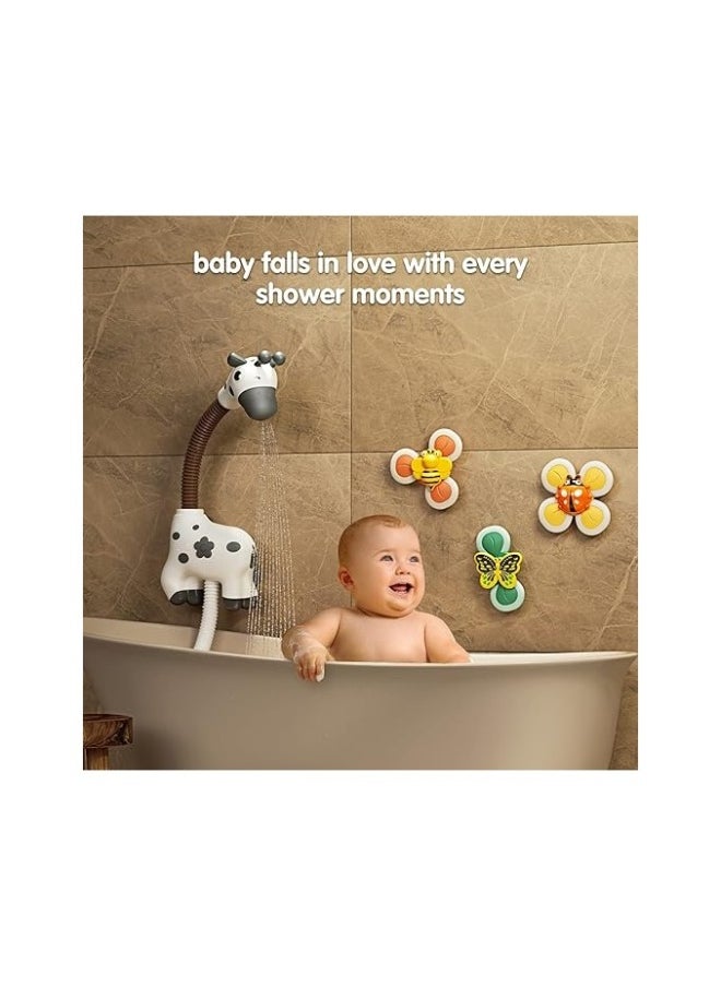 Baby Bathtub Toy with Shower Head and 3 Suction Spinner Toys, Giraffe Water Spray Squirt Shower Faucet and Water Pump Summer Essentials for Infants Kids Toddlers