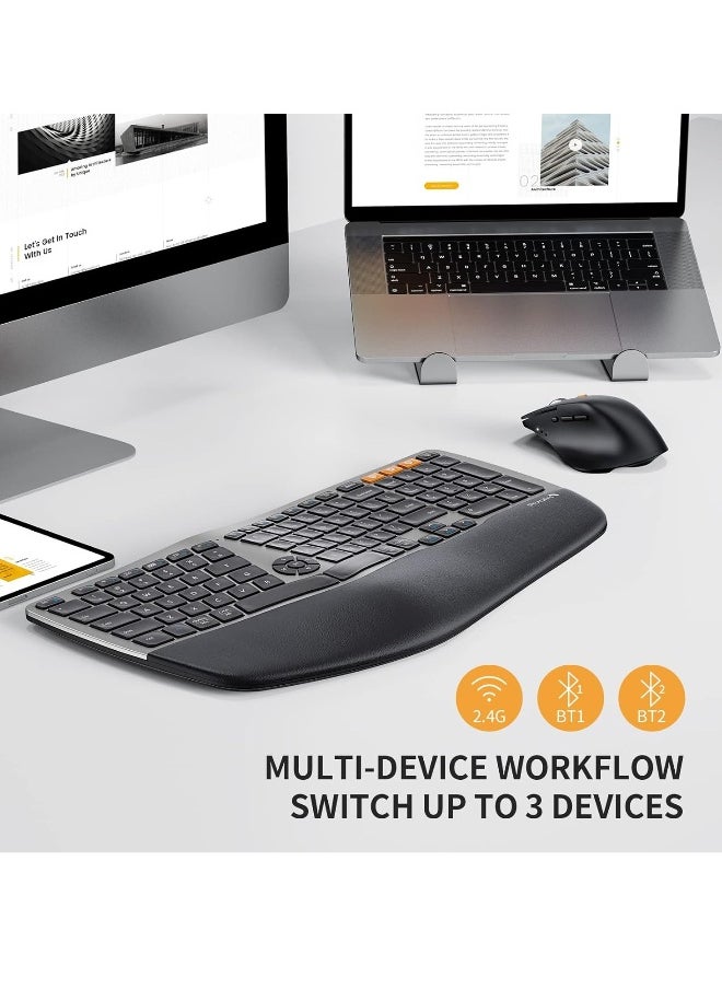 Ergonomic Wireless Keyboard Mouse, EKM01 Ergo Bluetooth Keyboard and Mouse Combo, Split Design, Palm Rest, Multi-Device, Rechargeable, Windows/Mac/Android (Space Gray)