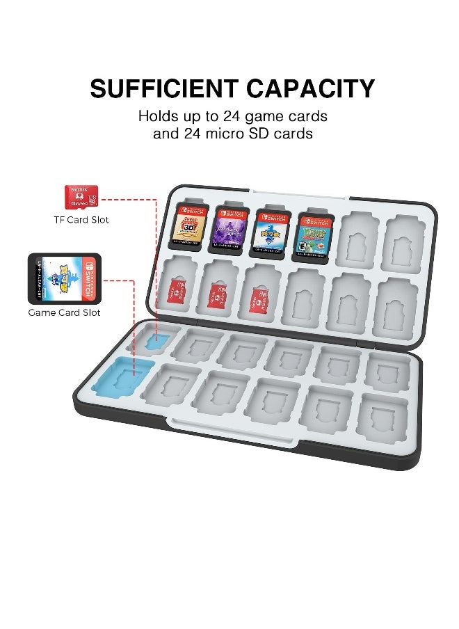 Game Card Case for Nintendo Switch OLED Game Card Micro SD Memory Cards with 24 Game Card Slots and 24 Micro SD Card Slots,Carbon Fibre Surface Shell Silicone Lining Portable Cartridge Storage Box