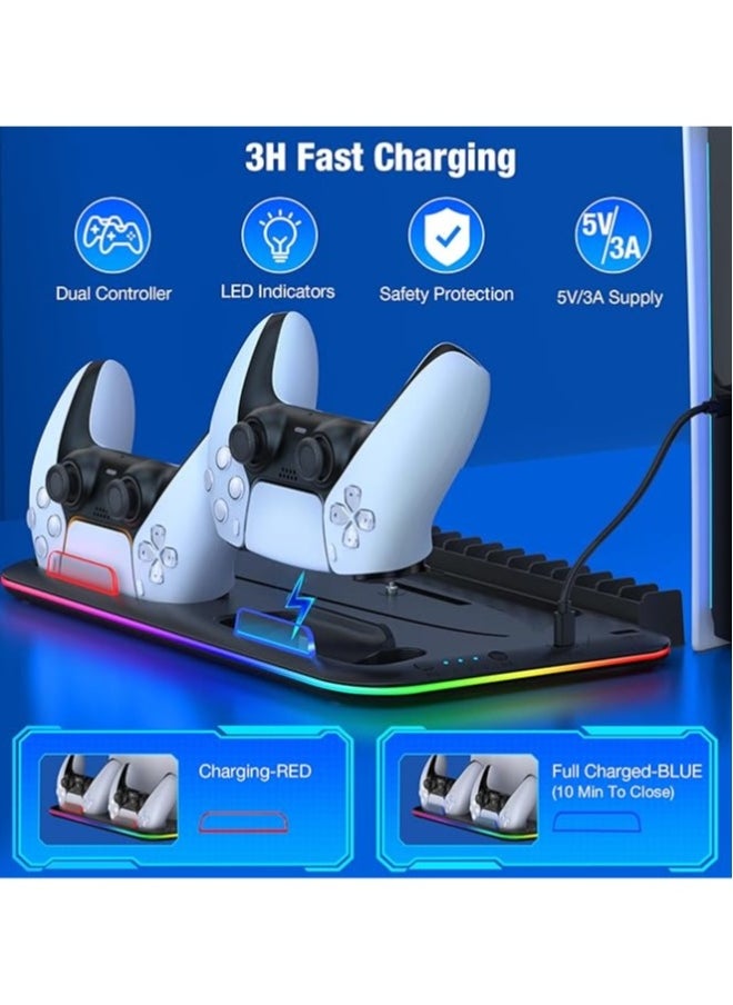 PS5 /PS5 Slim Stand and Cooling Station with Dual Controller Charging Station for PlayStation 5/5 Slim Console, PS5/PS5 Slim  Accessories Incl. Controller Charger, Cooling fan, Headset holder