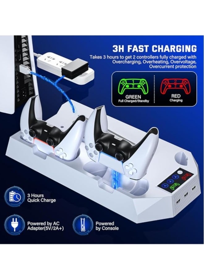 Slim PS5 Cooling Station with Charging Station for PlayStation 5 Slim and Standard Disc/Digital Game Consoles, PS5 Cooling Rack Accessories with Fan Cooler/3 Hubs