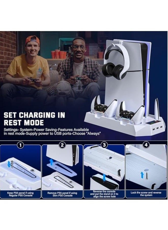 Slim PS5 Cooling Station with Charging Station for PlayStation 5 Slim and Standard Disc/Digital Game Consoles, PS5 Cooling Rack Accessories with Fan Cooler/3 Hubs