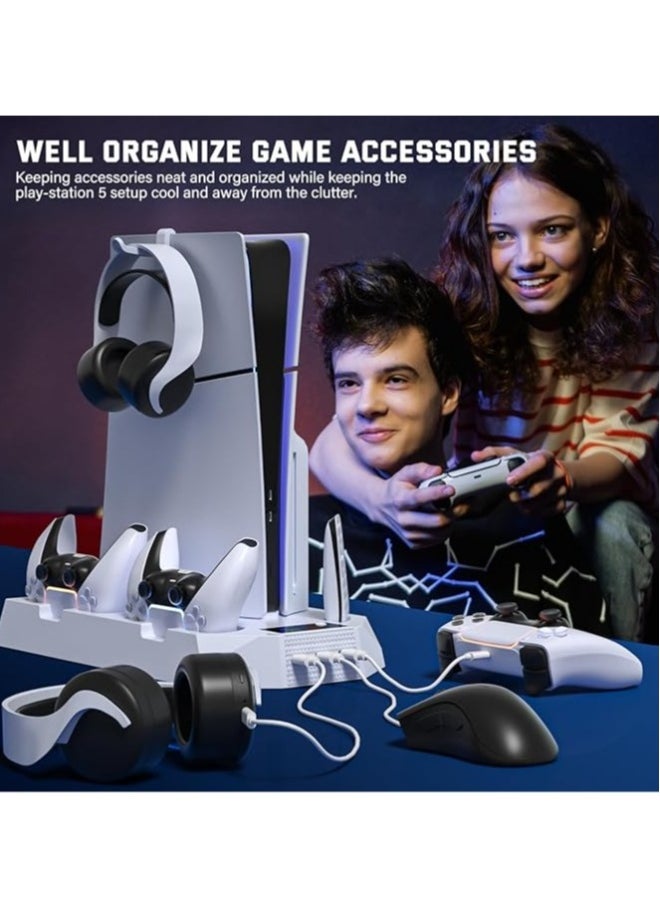 Slim PS5 Cooling Station with Charging Station for PlayStation 5 Slim and Standard Disc/Digital Game Consoles, PS5 Cooling Rack Accessories with Fan Cooler/3 Hubs