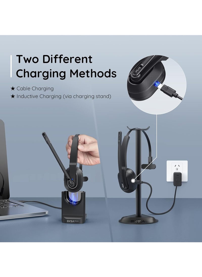EKSA Bluetooth Headset, Wireless Headphones with AI-Powered Environmental Noise Cancelling Microphone (ENC) & Fast Charging Stand, Lightweight, 45Hrs On-Ear Headphone with USB Dongle for PC
