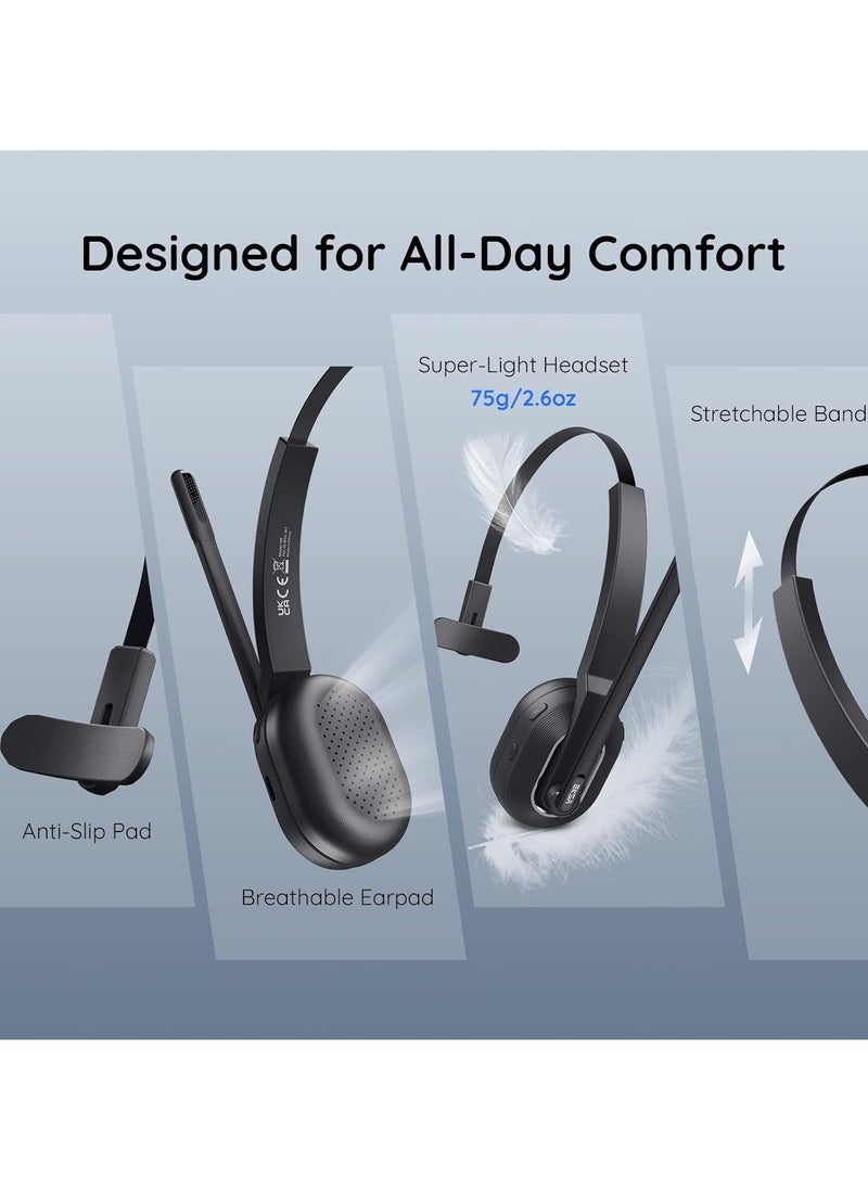 EKSA Bluetooth Headset, Wireless Headphones with AI-Powered Environmental Noise Cancelling Microphone (ENC) & Fast Charging Stand, Lightweight, 45Hrs On-Ear Headphone with USB Dongle for PC