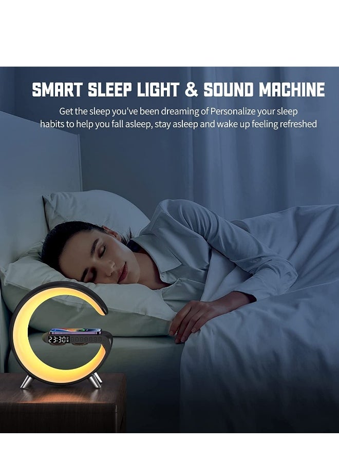 Multifunctional RGB Night Light and Charging Station Smart Desk Lamp Bluetooth Speaker Wireless Phone Charger Colourful Light  For Bedroom Alarm Clock Computer Table  White