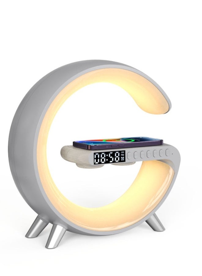 Multifunctional RGB Night Light and Charging Station Smart Desk Lamp Bluetooth Speaker Wireless Phone Charger Colourful Light  For Bedroom Alarm Clock Computer Table  White