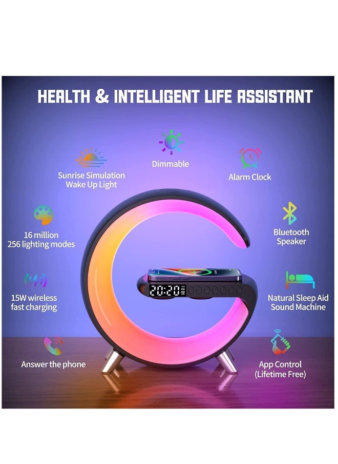 Multifunctional RGB Night Light and Charging Station Smart Desk Lamp Bluetooth Speaker Wireless Phone Charger Colourful Light  For Bedroom Alarm Clock Computer Table  White