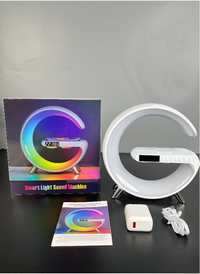 Multifunctional RGB Night Light and Charging Station Smart Desk Lamp Bluetooth Speaker Wireless Phone Charger Colourful Light  For Bedroom Alarm Clock Computer Table  White