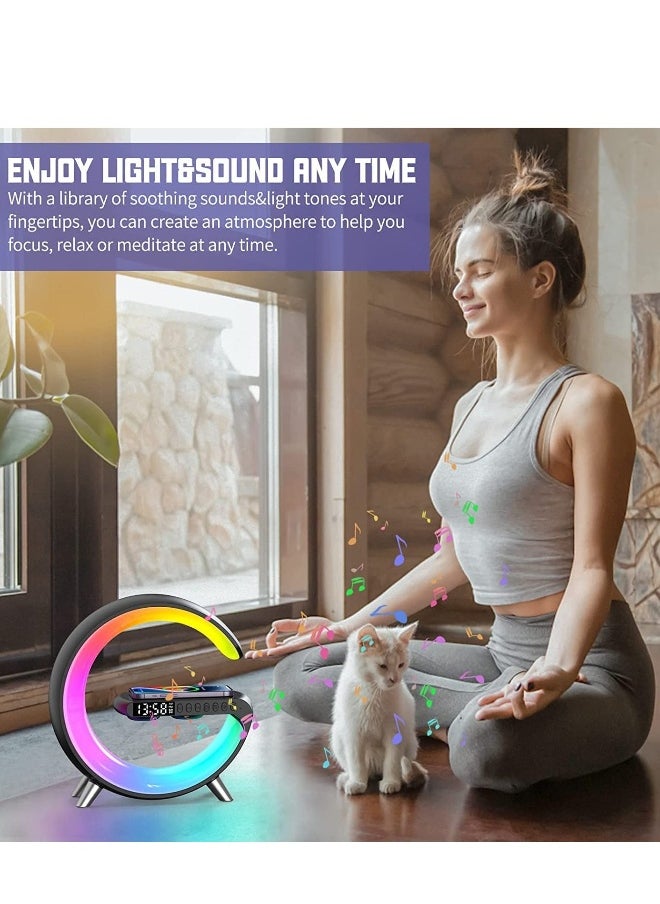 Multifunctional RGB Night Light and Charging Station Smart Desk Lamp Bluetooth Speaker Wireless Phone Charger Colourful Light  For Bedroom Alarm Clock Computer Table  White