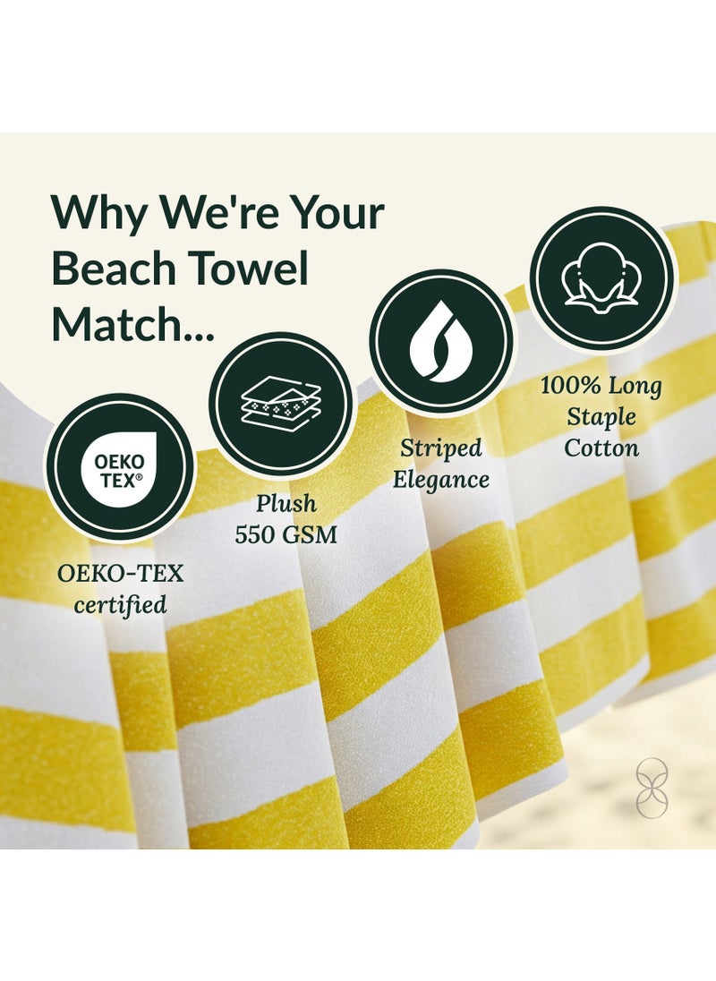 Cabana Stripe Beach Towel Set Pack of 2, Oversized Soft Cotton Towel, Perfect for Beach ,30x60, Yellow