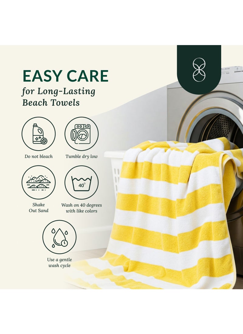 Cabana Stripe Beach Towel Set Pack of 2, Oversized Soft Cotton Towel, Perfect for Beach ,30x60, Yellow