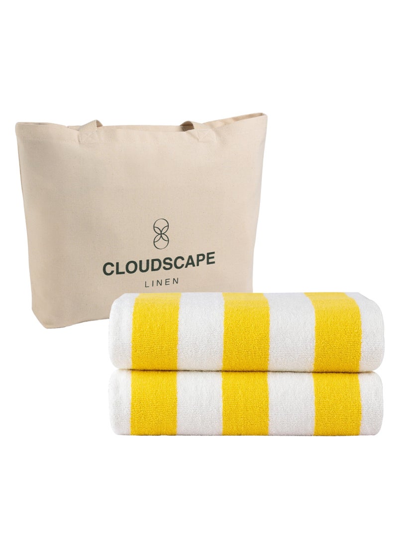 Cabana Stripe Beach Towel Set Pack of 2, Oversized Soft Cotton Towel, Perfect for Beach ,30x60, Yellow