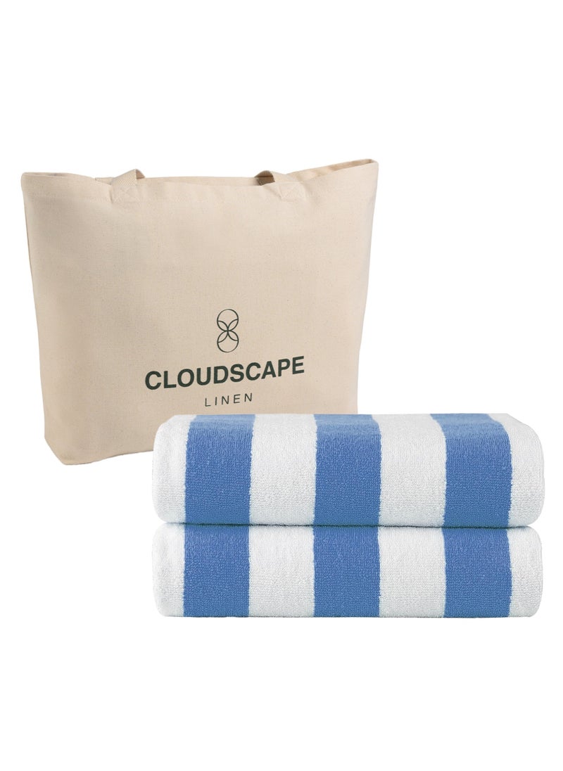 Cabana Stripe Beach Towel Set Pack of 2, Oversized Soft Cotton Towel, Perfect for Beach ,30x60, Light Blue