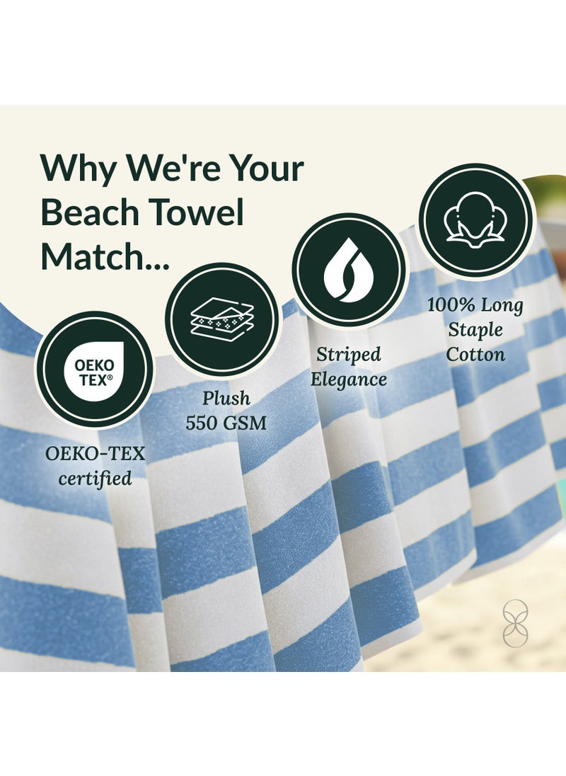 Cabana Stripe Beach Towel Set Pack of 2, Oversized Soft Cotton Towel, Perfect for Beach ,30x60, Light Blue
