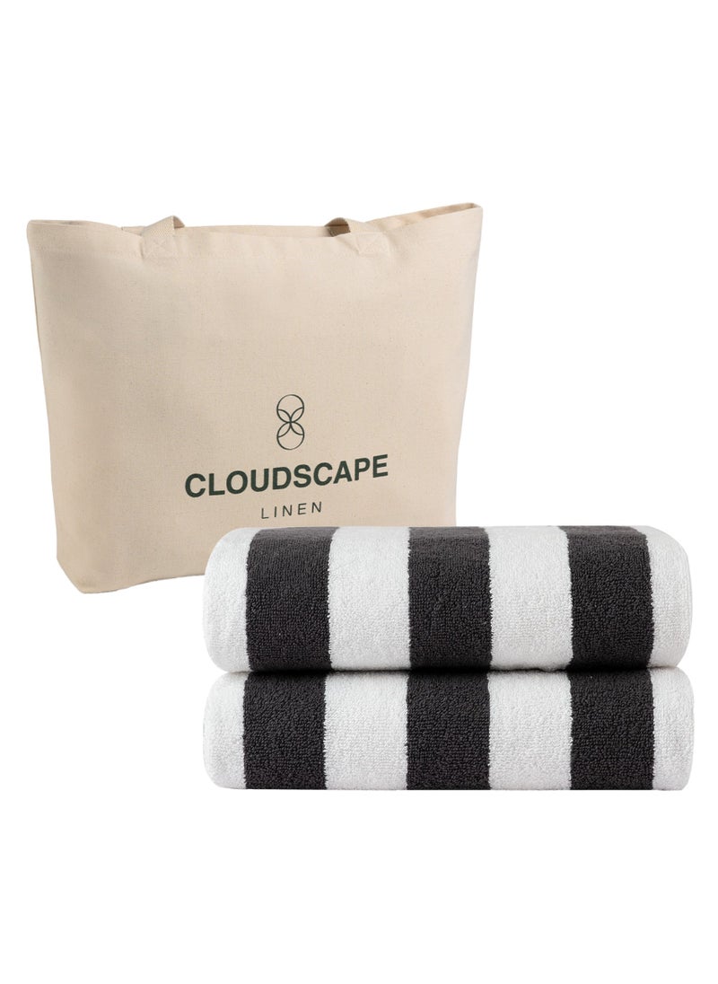 Cabana Stripe Beach Towel Set Pack of 2, Oversized Soft Cotton Towel, Perfect for Beach ,30x60, Grey