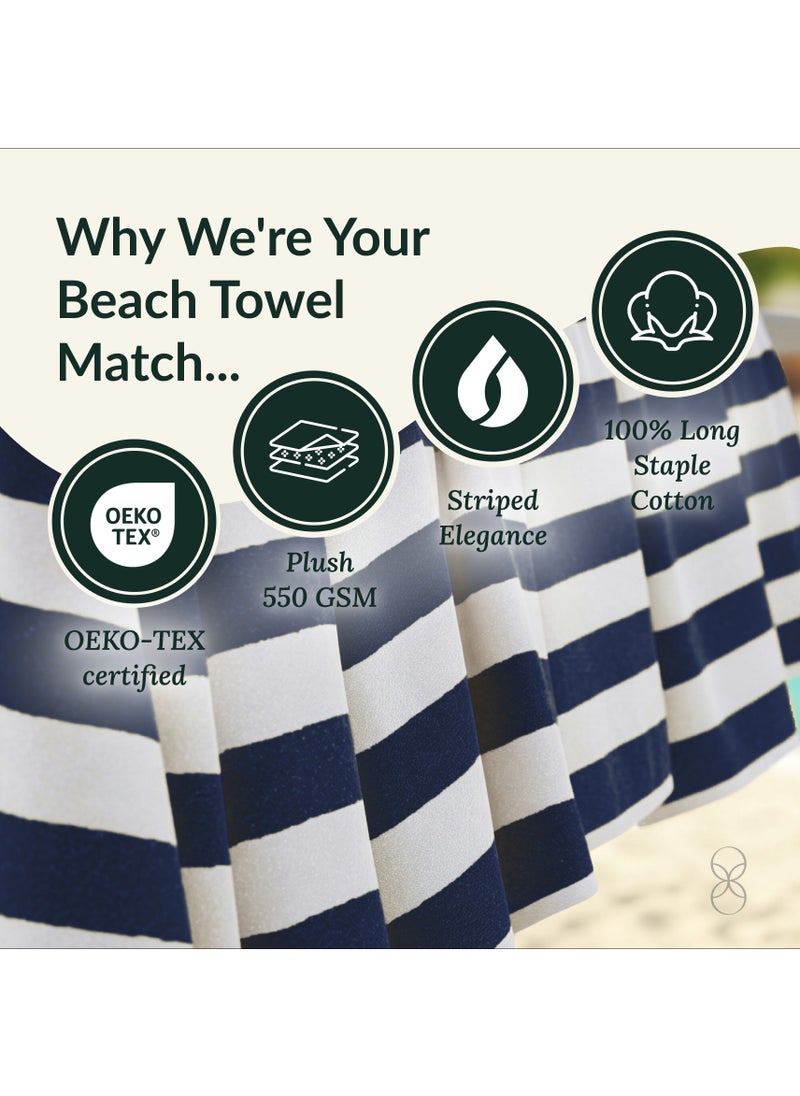 Cabana Stripe Beach Towel Set Pack of 2, Oversized Soft Cotton Towel, Perfect for Beach ,30x60, Blue