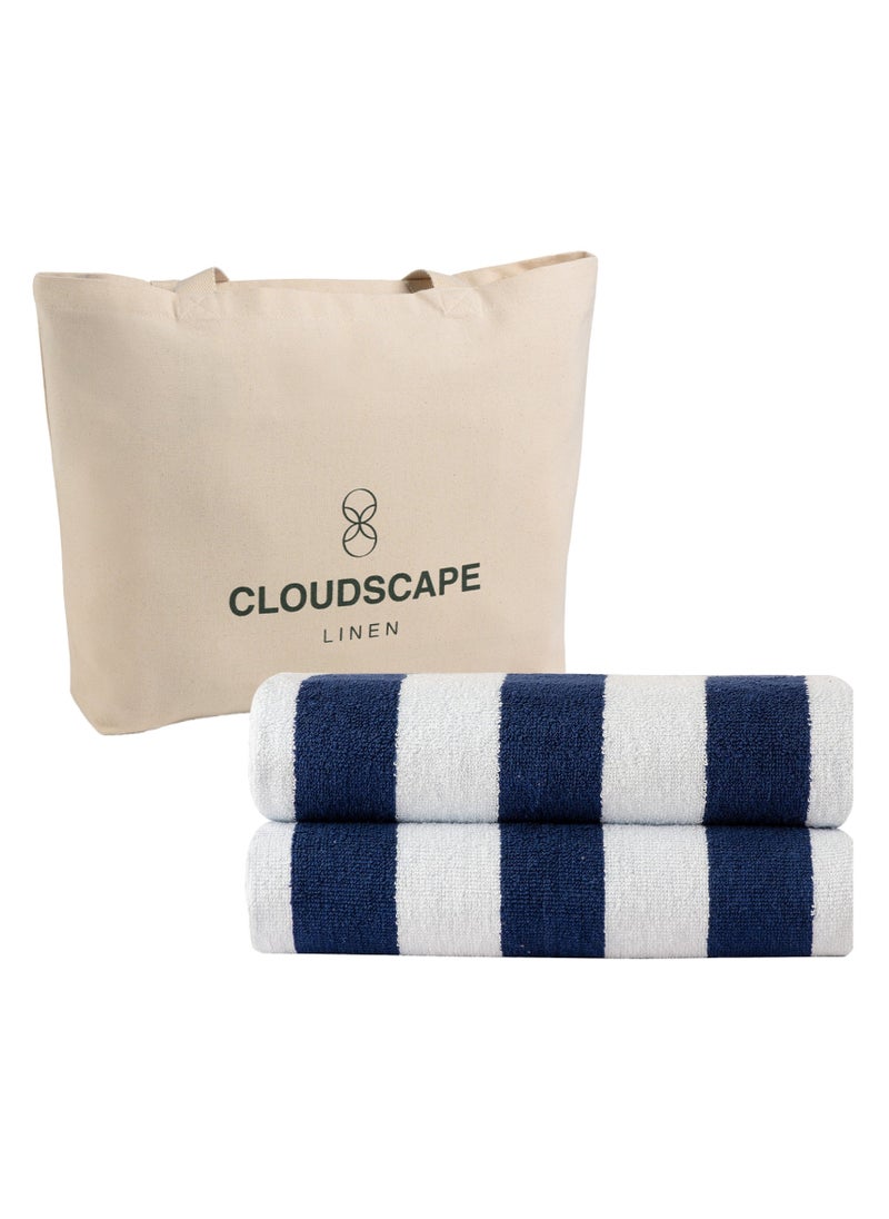 Cabana Stripe Beach Towel Set Pack of 2, Oversized Soft Cotton Towel, Perfect for Beach ,30x60, Blue