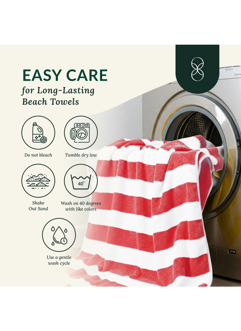 Cabana Stripe Beach Towel Set Pack of 2, Oversized Soft Cotton Towel, Perfect for Beach ,30x60, Red