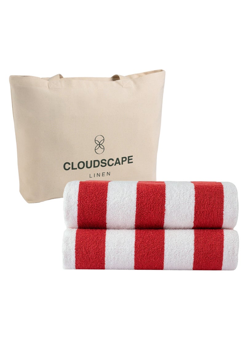 Cabana Stripe Beach Towel Set Pack of 2, Oversized Soft Cotton Towel, Perfect for Beach ,30x60, Red