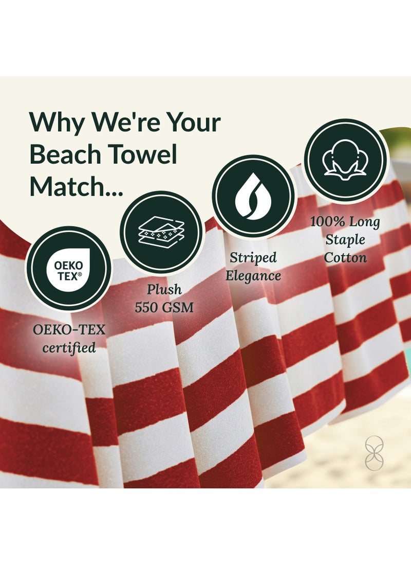 Cabana Stripe Beach Towel Set Pack of 2, Oversized Soft Cotton Towel, Perfect for Beach ,30x60, Red